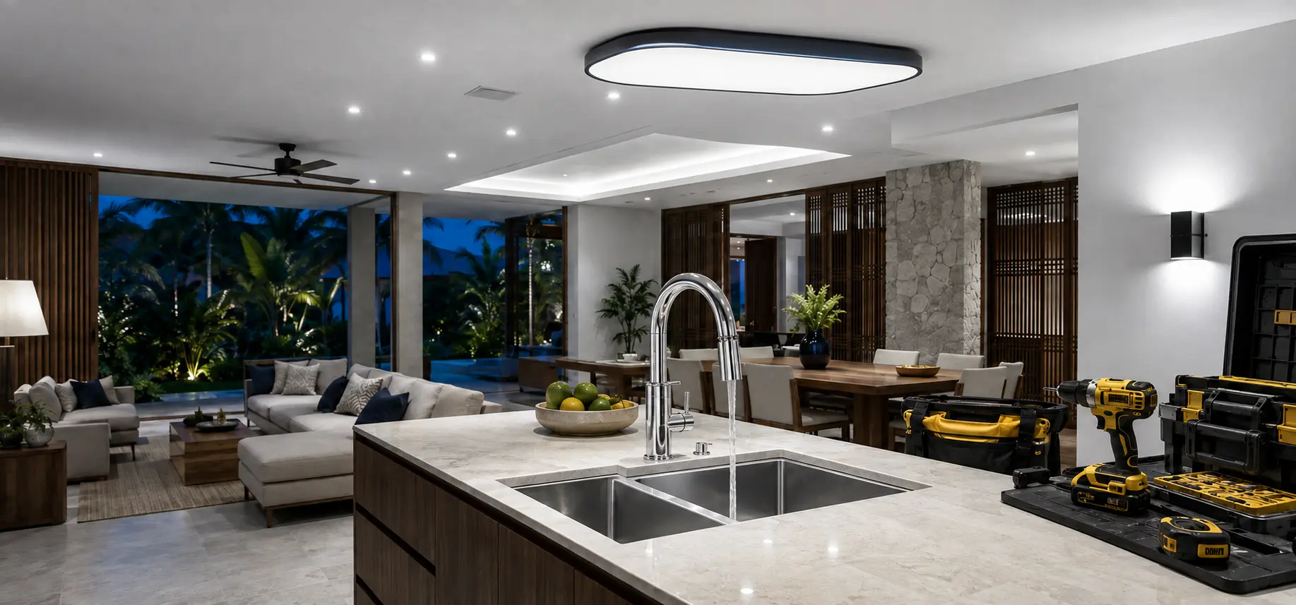 Wholebrands integrated lighting, plumbing and tools scene