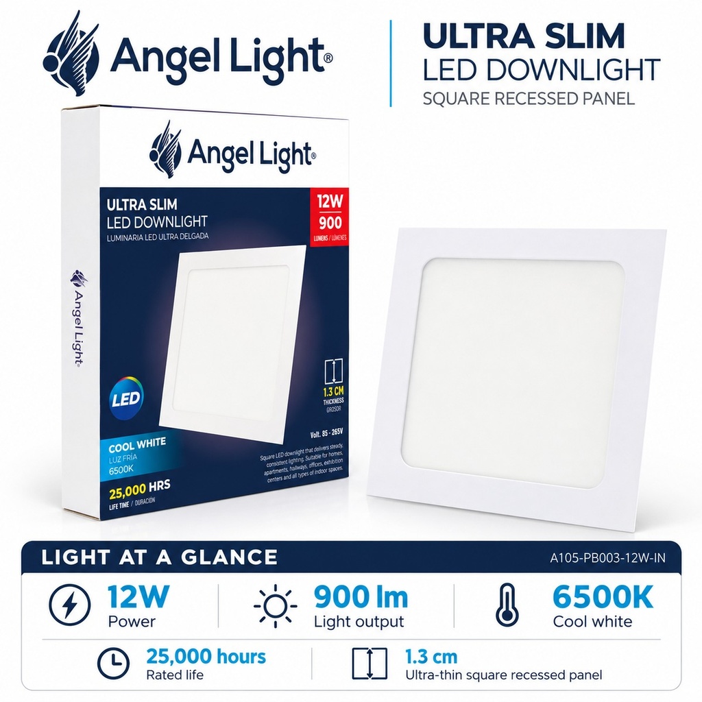LED square recessed panel light 167mm 12w 6400K white