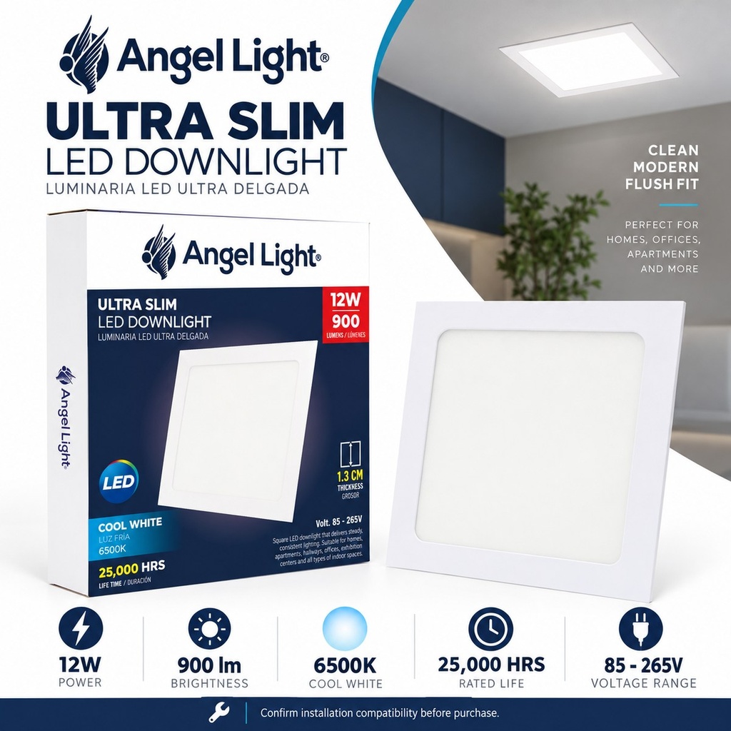 LED square recessed panel light 167mm 12w 6400K white