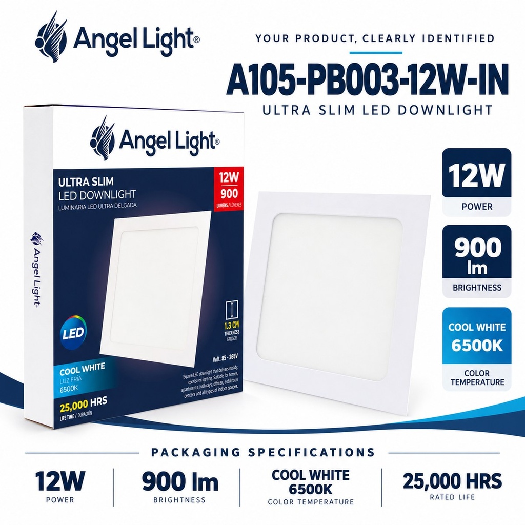 LED square recessed panel light 167mm 12w 6400K white