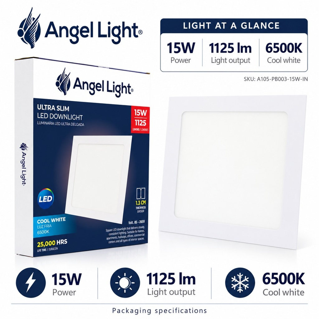 LED square recessed panel light 195mm 15w 6400K white
