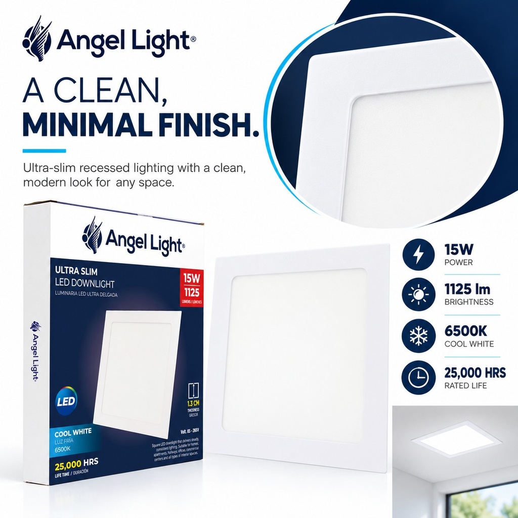 LED square recessed panel light 195mm 15w 6400K white