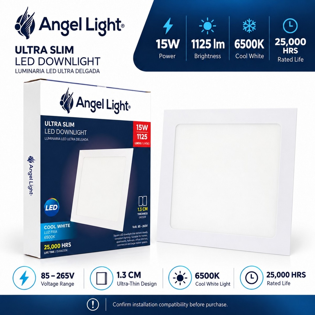 LED square recessed panel light 195mm 15w 6400K white