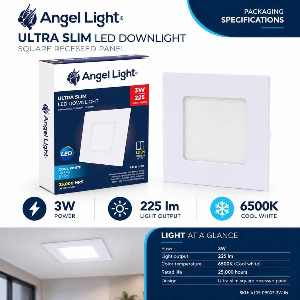 LED square recessed panel light 83mm 3w 6400K white