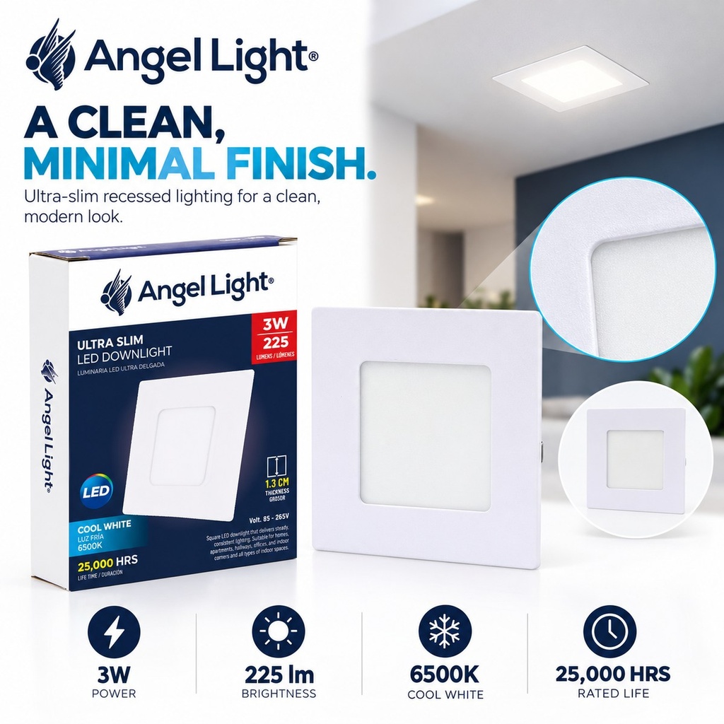 LED square recessed panel light 83mm 3w 6400K white