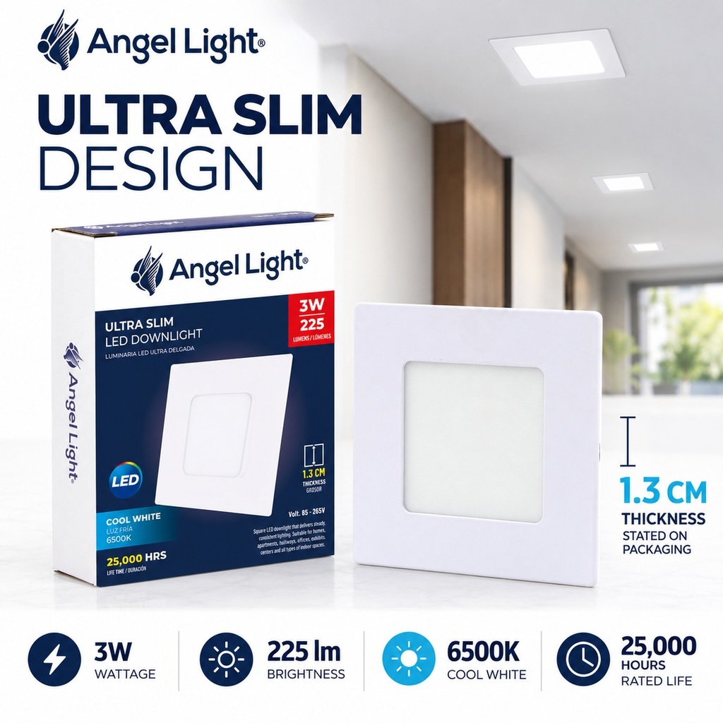 LED square recessed panel light 83mm 3w 6400K white