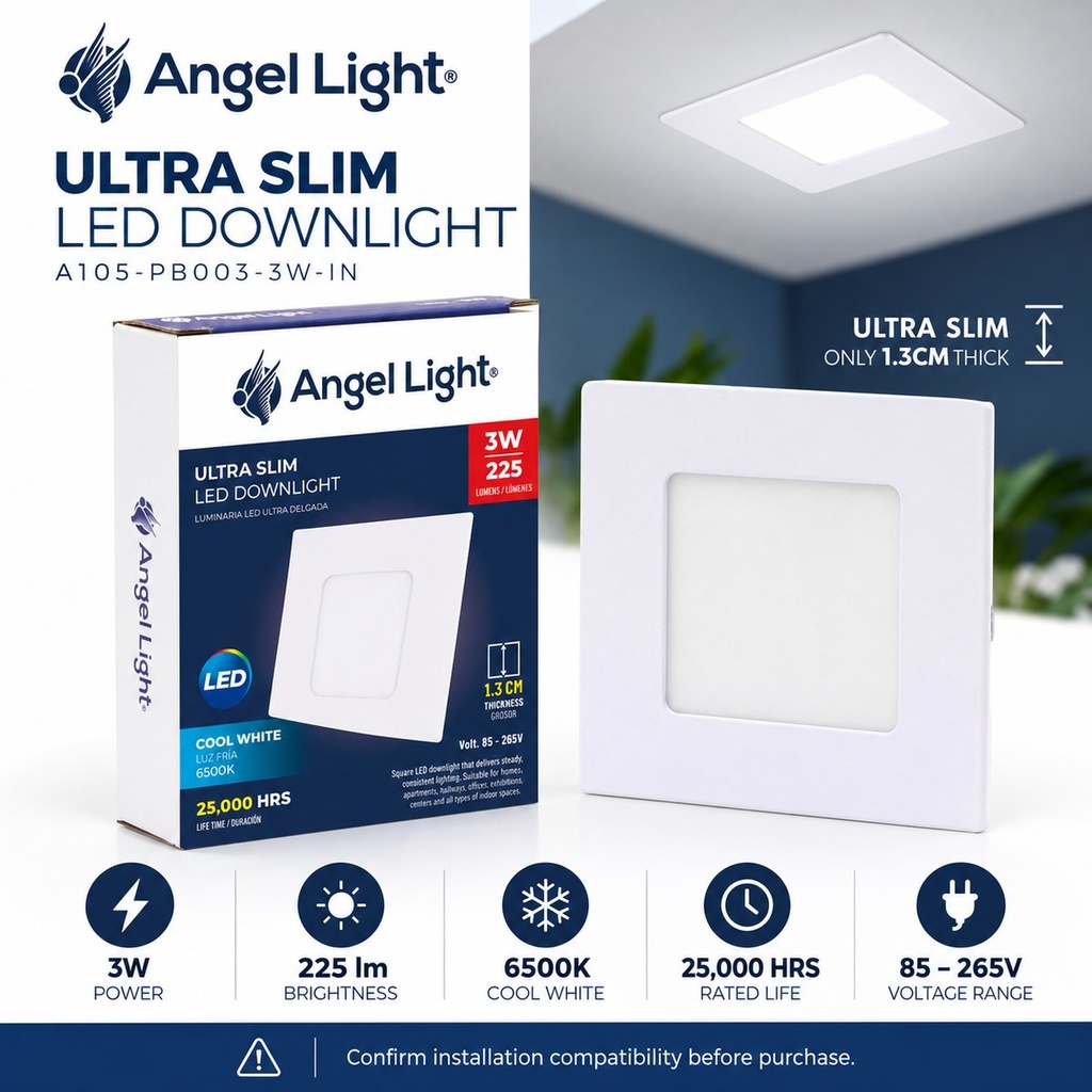 LED square recessed panel light 83mm 3w 6400K white