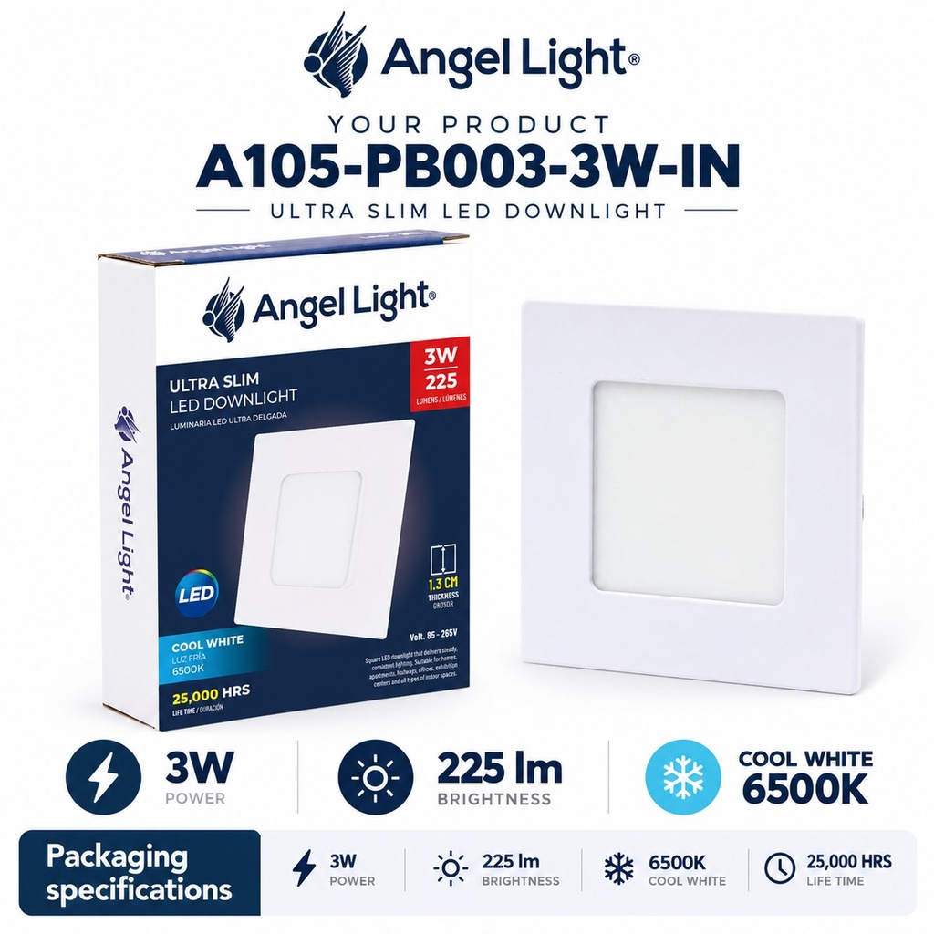 LED square recessed panel light 83mm 3w 6400K white
