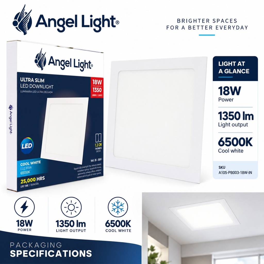 LED square recessed panel light 218mm 18w 6400K white