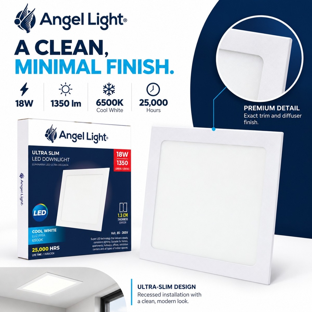 LED square recessed panel light 218mm 18w 6400K white