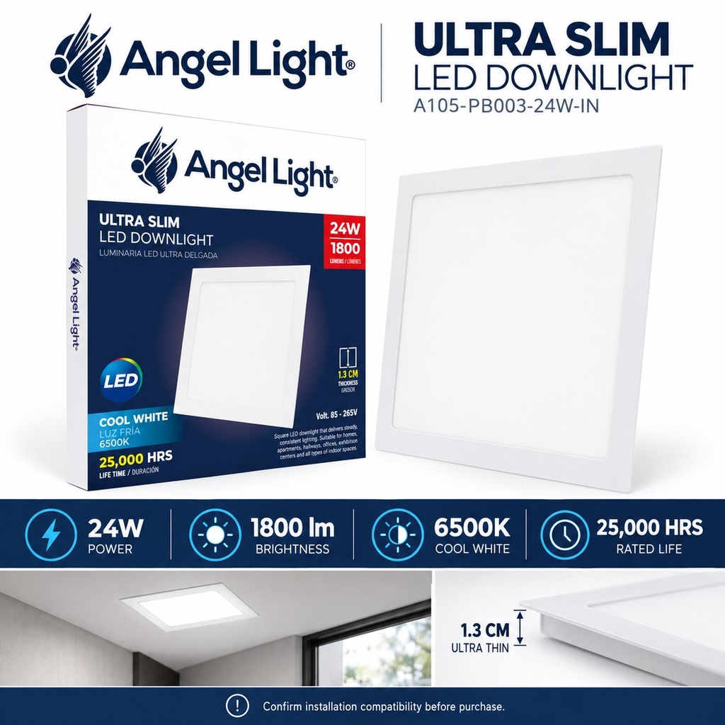 LED square recessed panel light 292mm 24w 6400K white