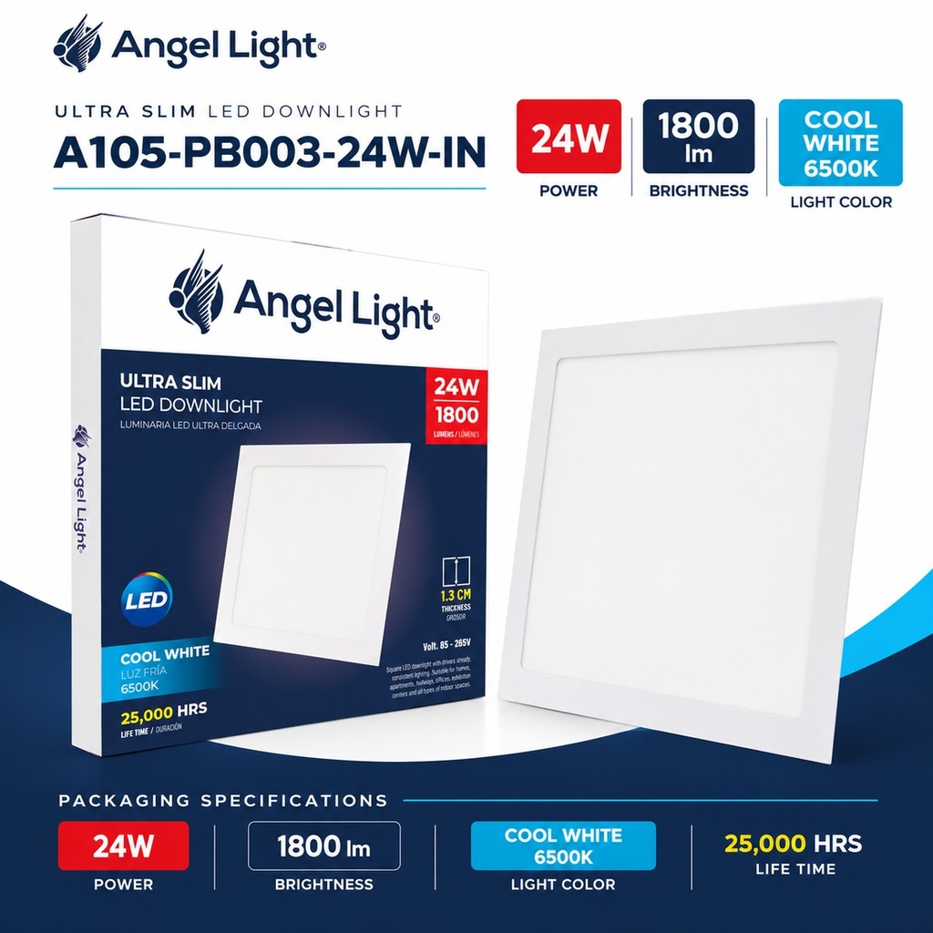 LED square recessed panel light 292mm 24w 6400K white