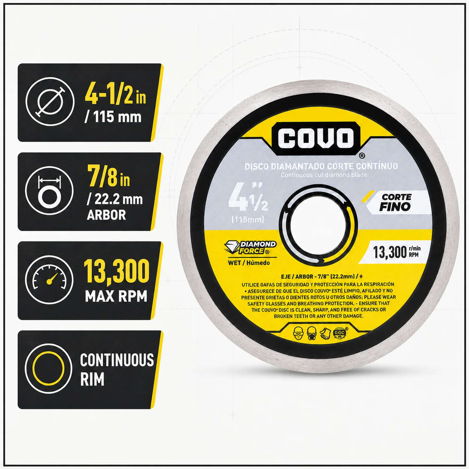 Continuous Rim Diamond Blade / For Smooth Concrete / Wet / 1 Piece / 4 1/2" (115mm)