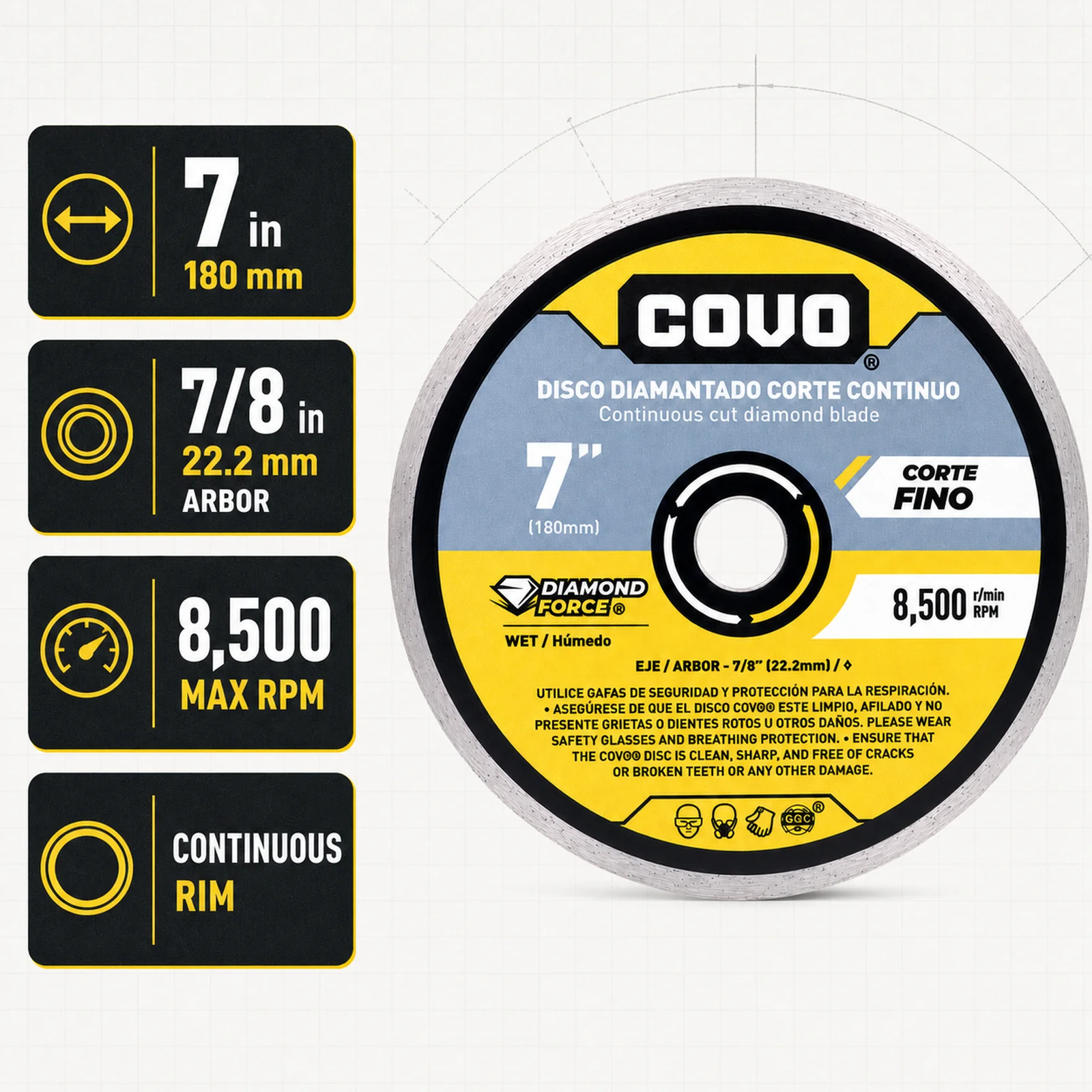 Continuous Rim Diamond Blade / For Smooth Concrete / Diamond Segments / 7" (180mm) / Wet