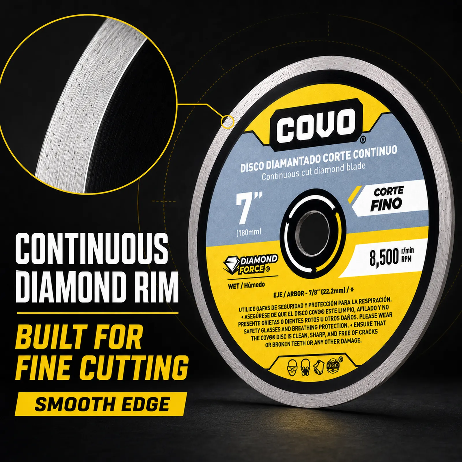 Continuous Rim Diamond Blade / For Smooth Concrete / Diamond Segments / 7" (180mm) / Wet