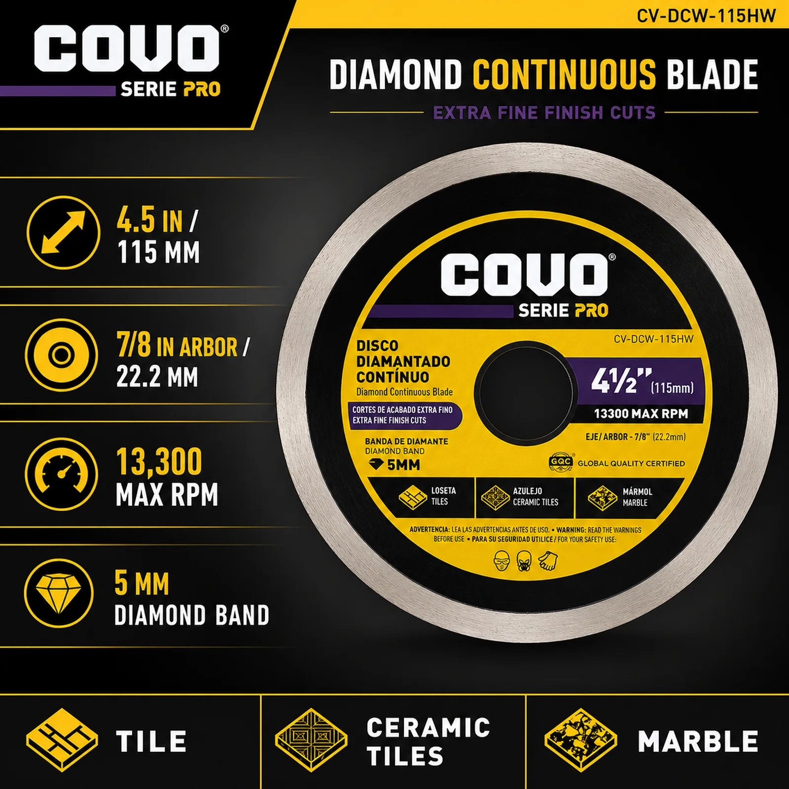 Continuous Rim Diamond Blade / For Fine Cutting / Wet / 1 Piece / 4-½" (115mm)