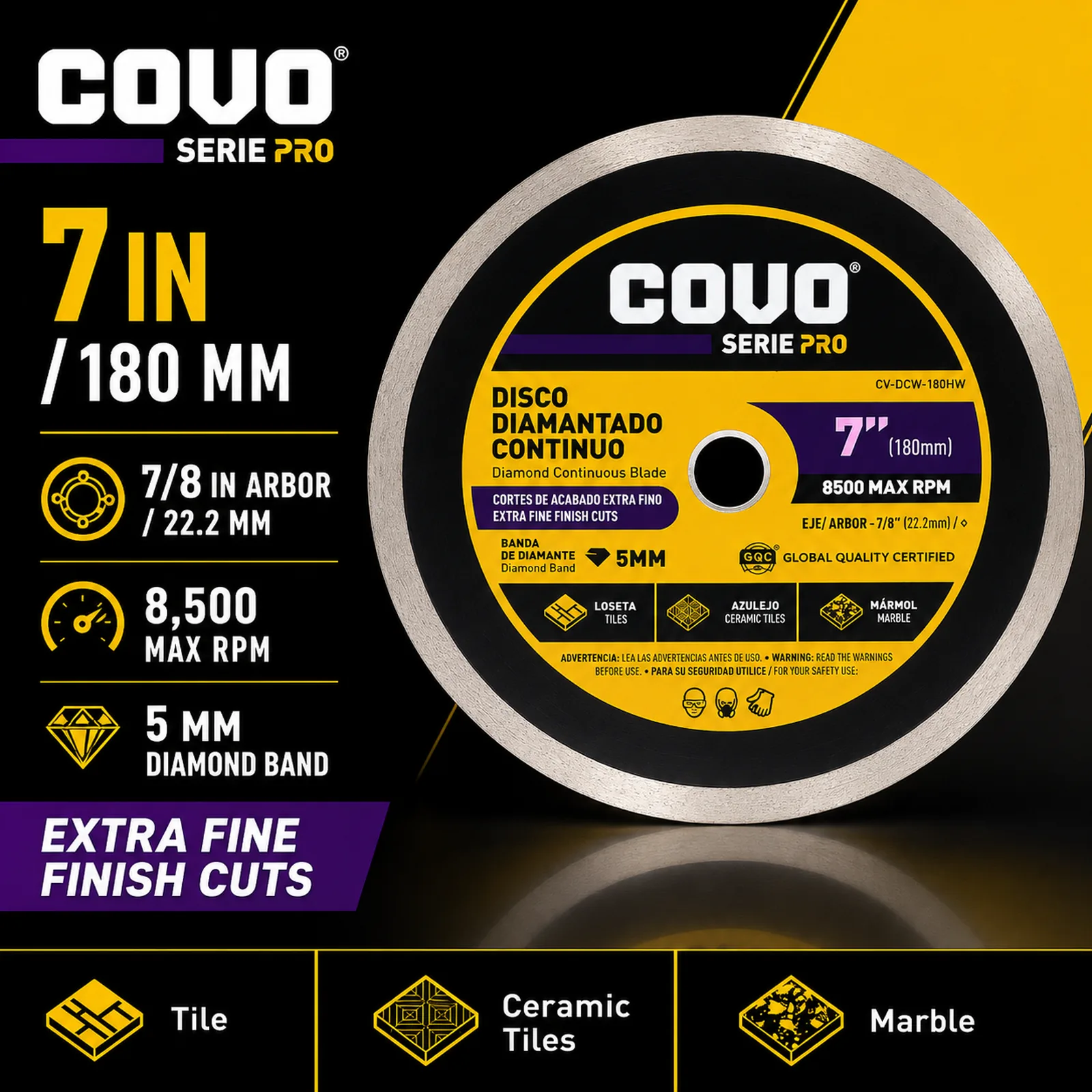 Continuous Rim Diamond Blade / For Fine Cutting / Wet / 1 Piece / 7" (180mm)