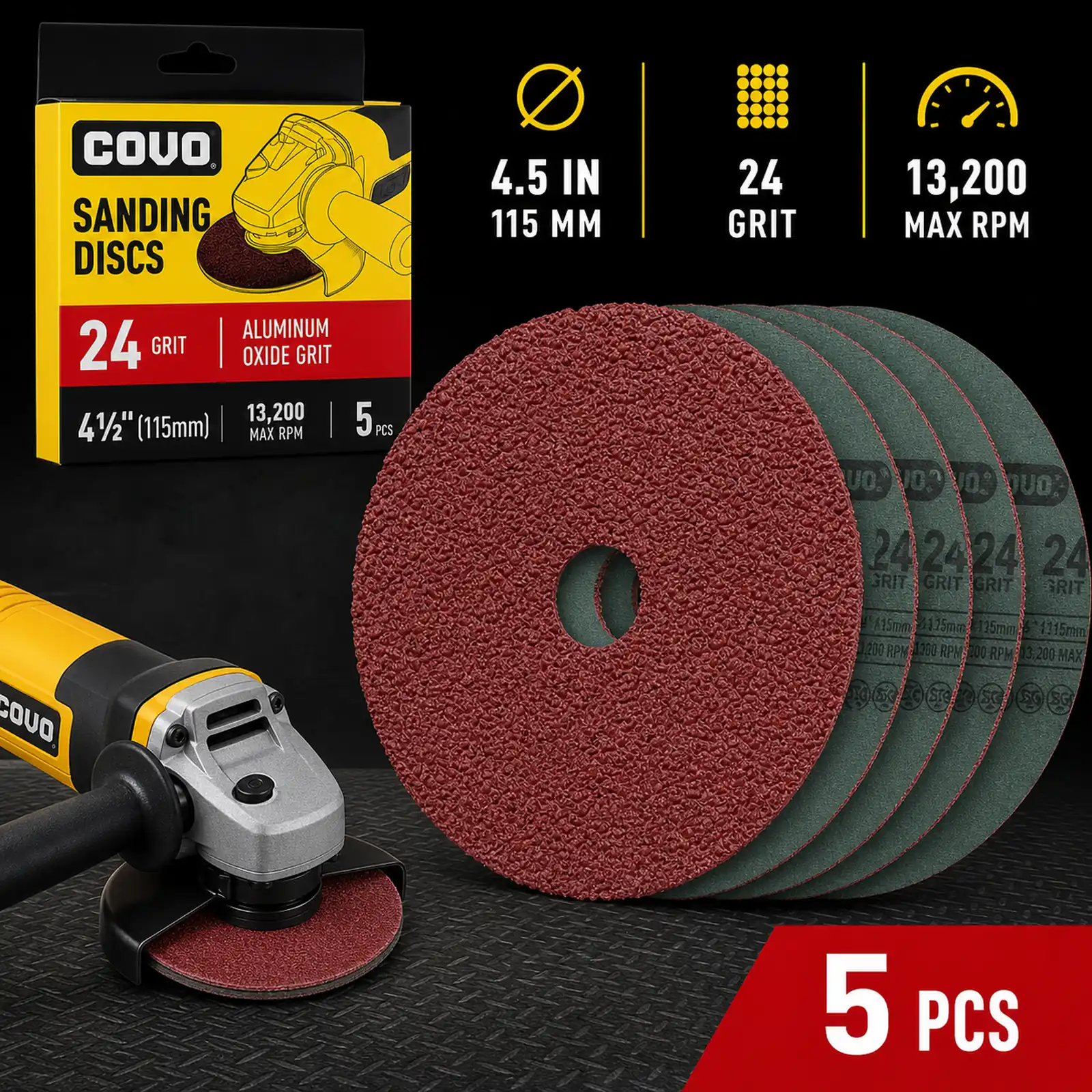 Grinder Sanding Disc / 4-1/2" / Grit 24 / Aluminum Oxide / 5 Pieces / 13,200 RPM