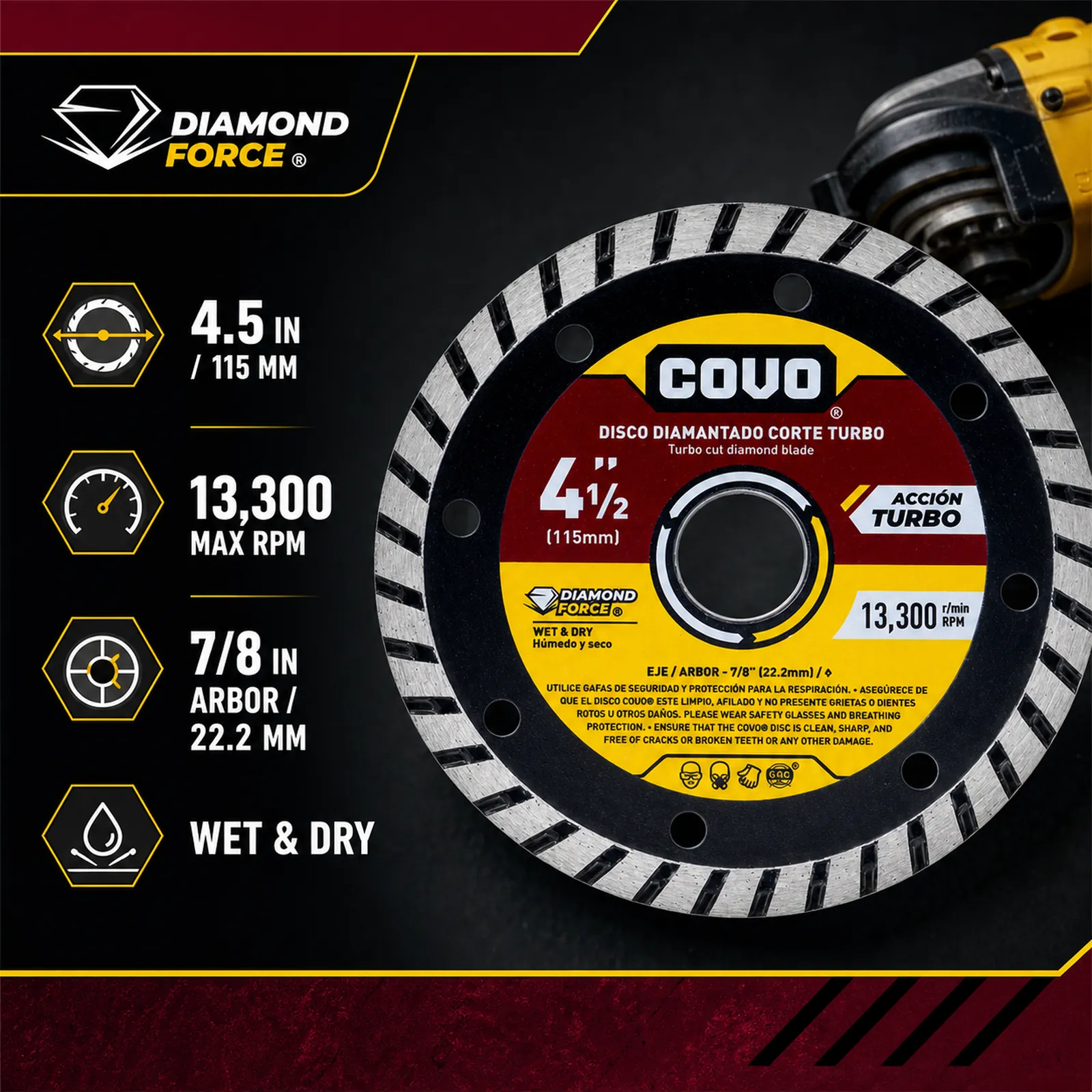 Turbo Diamond Cutting Blade / For Rough Concrete / Wet & Dry / 1 Piece / 4-1/2" (115mm)