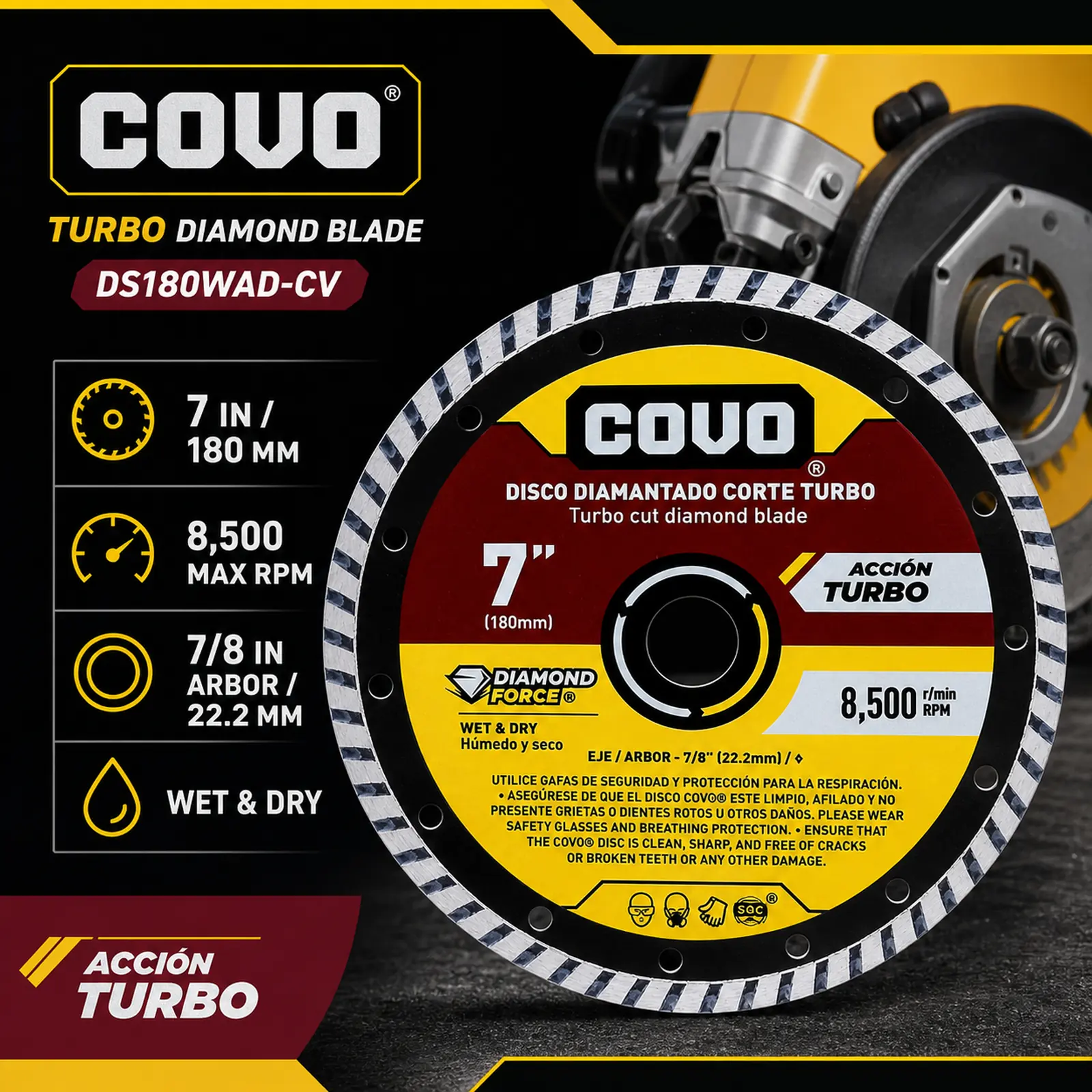 Turbo Diamond Cutting Blade / For Rough Concrete / Wet & Dry / 1 Piece / 7" (180mm)