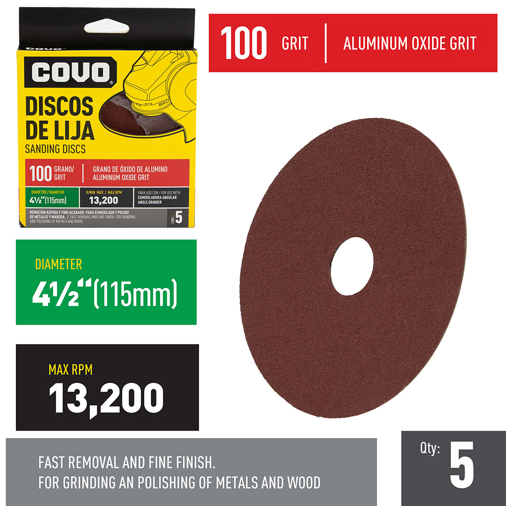 Grinder Sanding Disc / 4-1/2” / Grit 100 / Aluminum Oxide / 5 Pieces / 13,200 RPM
