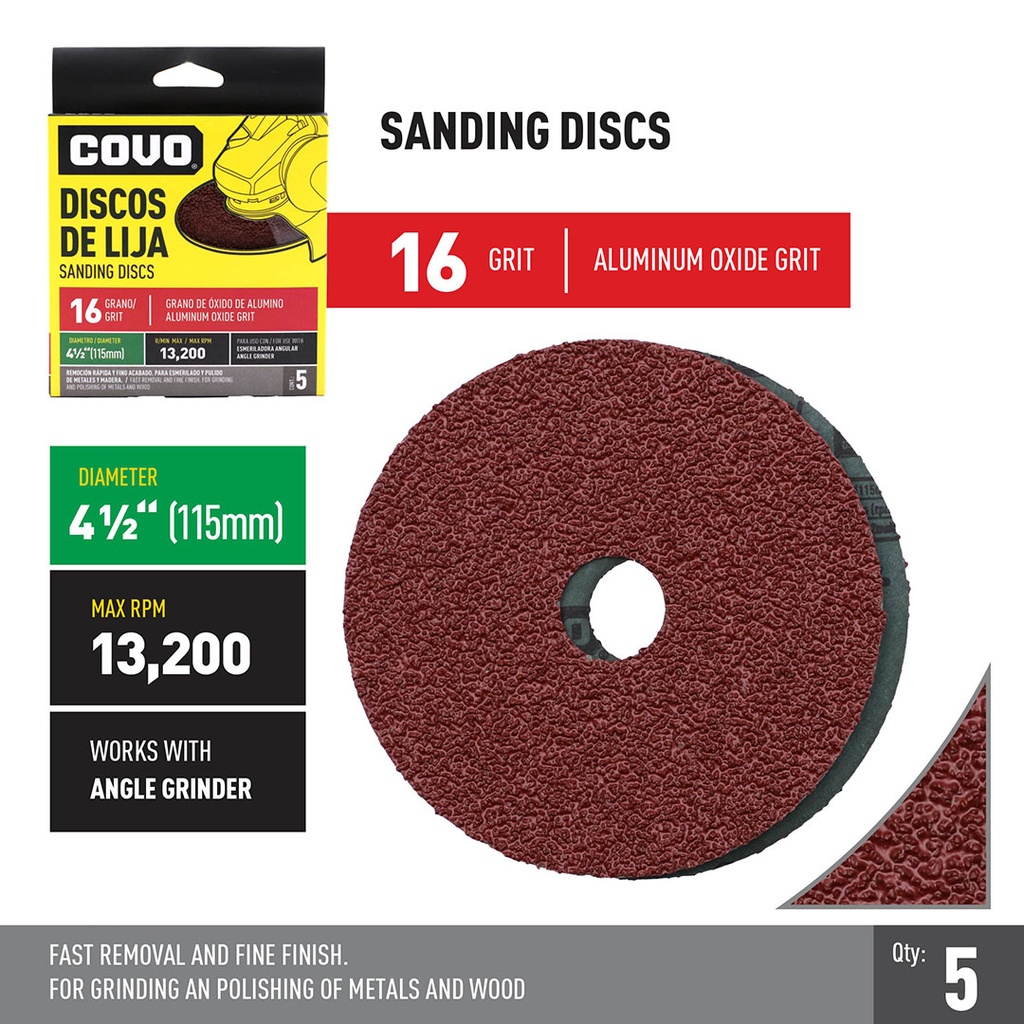 Grinder Sanding Disc / 4-1/2” / Grit 16 / Aluminum Oxide / 5 Pieces / 13,200 RPM