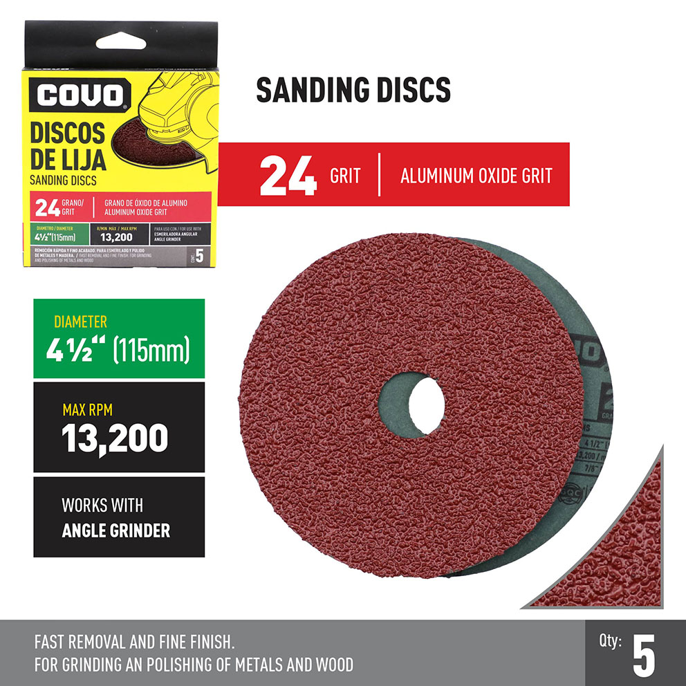 Grinder Sanding Disc / 4-1/2" / Grit 24 / Aluminum Oxide / 5 Pieces / 13,200 RPM