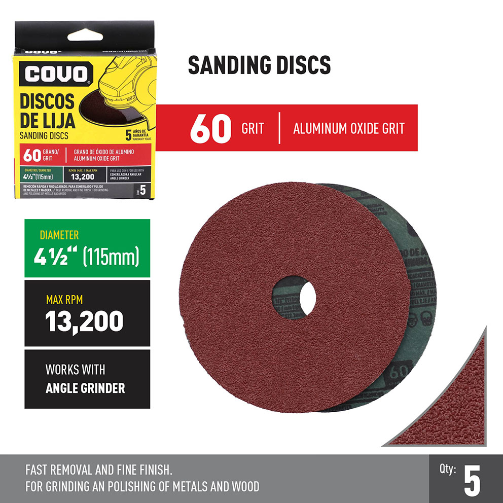 Grinder Sanding Discs / 4-1/2" / Grit 60 / Aluminum Oxide / 5 Pieces / 13,200 RPM