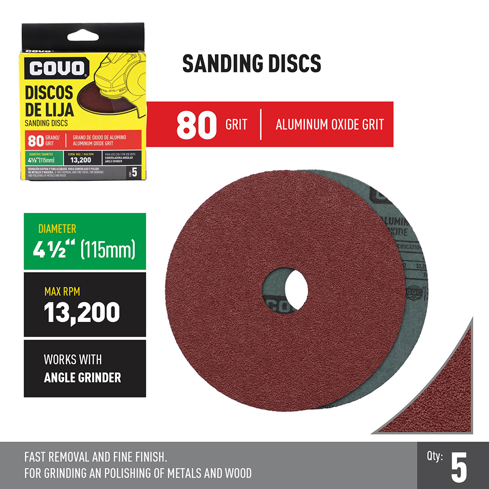 Grinder Sanding Discs / 4-1/2" / Grit 80 / Aluminum Oxide / 5 Pieces / 13,200 RPM