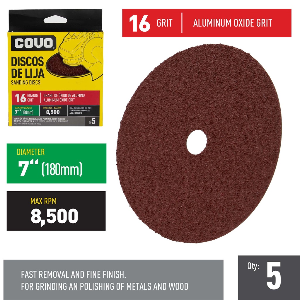 Grinder Sanding Disc / 7" / Grit 16 / Aluminum Oxide / 5 Pieces / 8,500 RPM