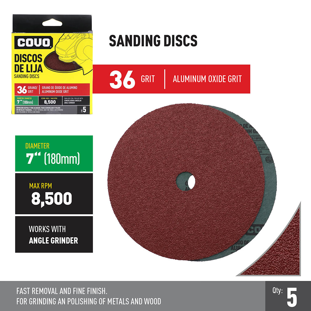 Grinder Sanding Disc / 7" / Grit 36 / Aluminum Oxide / 5 Pieces / 8,500 RPM