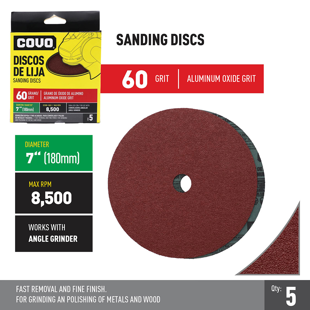 Grinder Sanding Disc / 7" / Grit 60 / Aluminum Oxide / 5 Pieces / 8,500 RPM