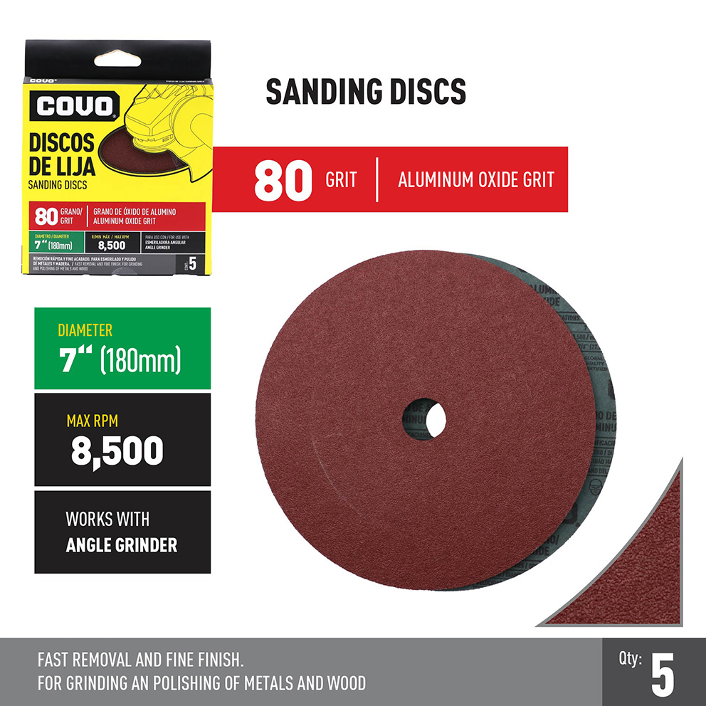 Grinder Sanding Disc / 7" / Grit 80 / Aluminum Oxide / 5 Pieces / 8,500 RPM