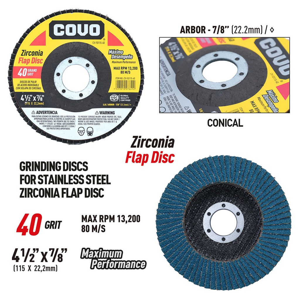 Zirconia Flap Disc for Metal Grinding & Finishing / 4-1/2"(115mm) X 7/8" / Grit 40 / 1 Piece