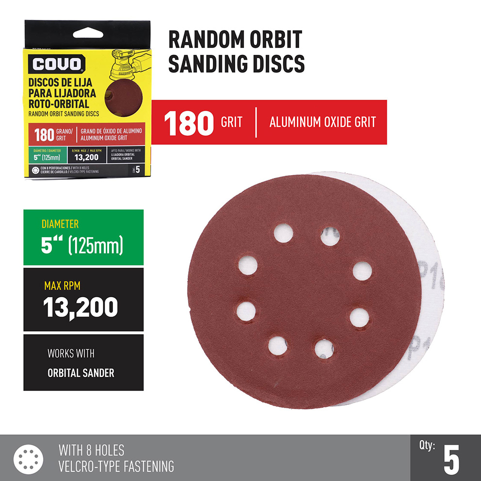 Sanding Disc for Random Orbital Sander / With Holes / 5” / Grit 180 / 5 Pcs