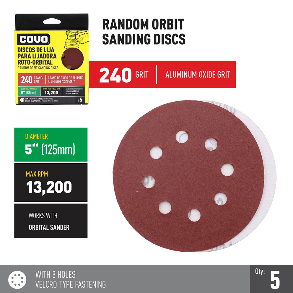 Sanding Disc for Random Orbital Sander / With Holes / 5” / Grit 240 / 5 Pcs