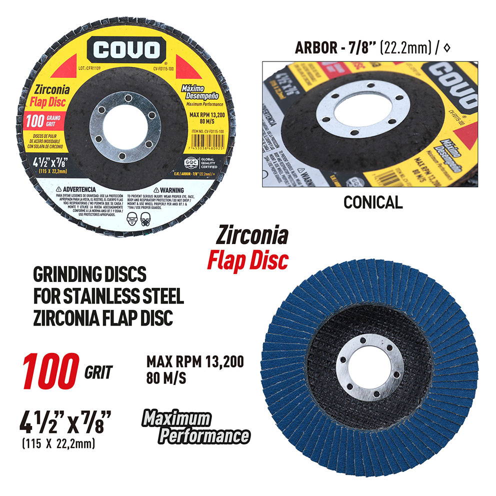 Flap Disc for Stainless Steel Polishing / Zirconia / 4-1/2” X 7/8” / Grit 100