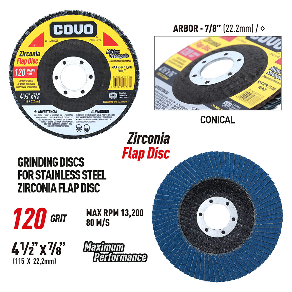 Flap Disc for Stainless Steel Polishing / Zirconia / 4-1/2” X 7/8” / Grit 120