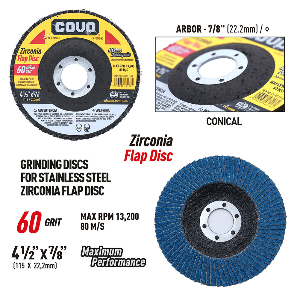 Flap Disc for Stainless Steel Polishing / Zirconia / 4-1/2” X 7/8” / Grit 60