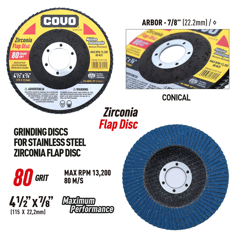 Flap Disc for Stainless Steel Polishing / Zirconia / 4-1/2” X 7/8” / Grit 80