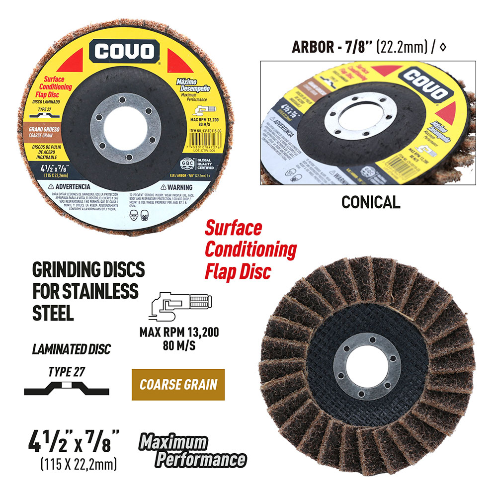 Flap Disc for Surface Conditioning / Stainless Steel / Non-Woven / 4-1/2” x 7/8” / Coarse Grit