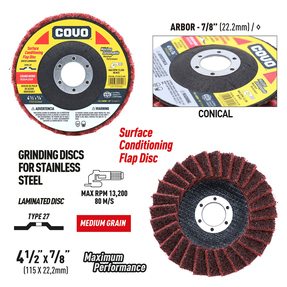 Flap Disc for Surface Conditioning / Stainless Steel / Non-Woven / 4-1/2” x 7/8” / Medium Grit