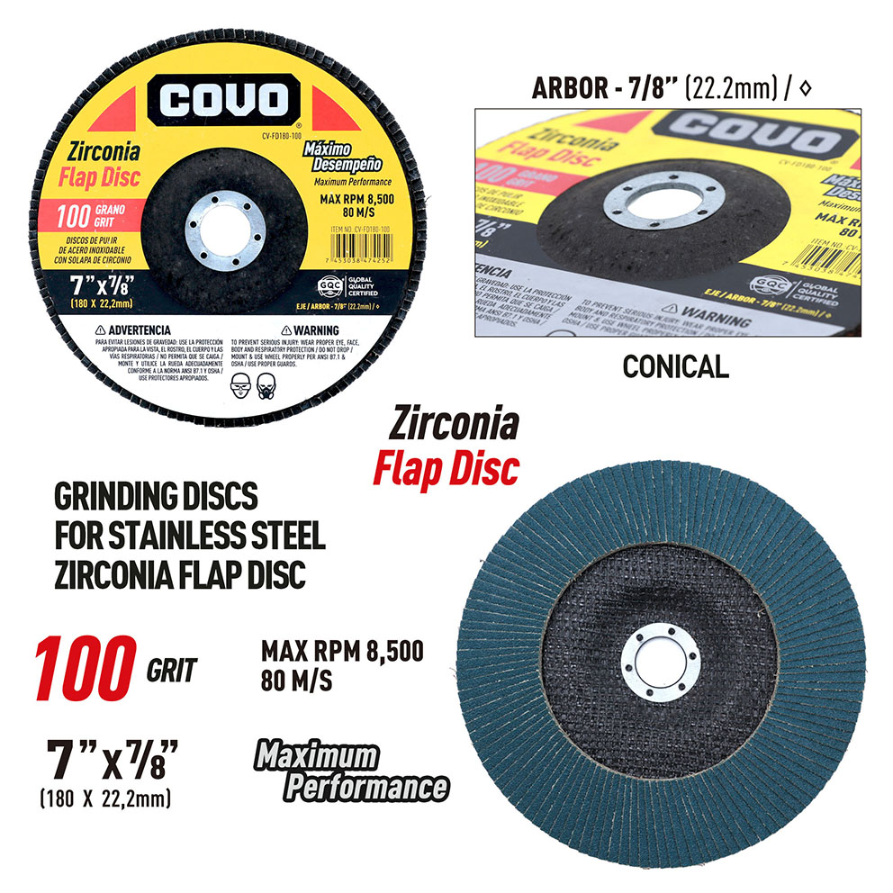 Flap Disc for Stainless Steel Polishing / Zirconia Flap / 7” x 7/8 / Grit 100