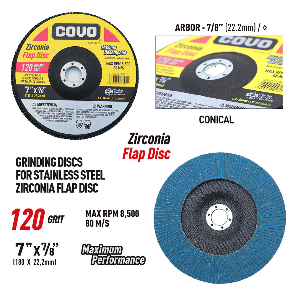 Flap Disc for Stainless Steel Polishing / Zirconia Flap / 7” x 7/8 / Grit 120