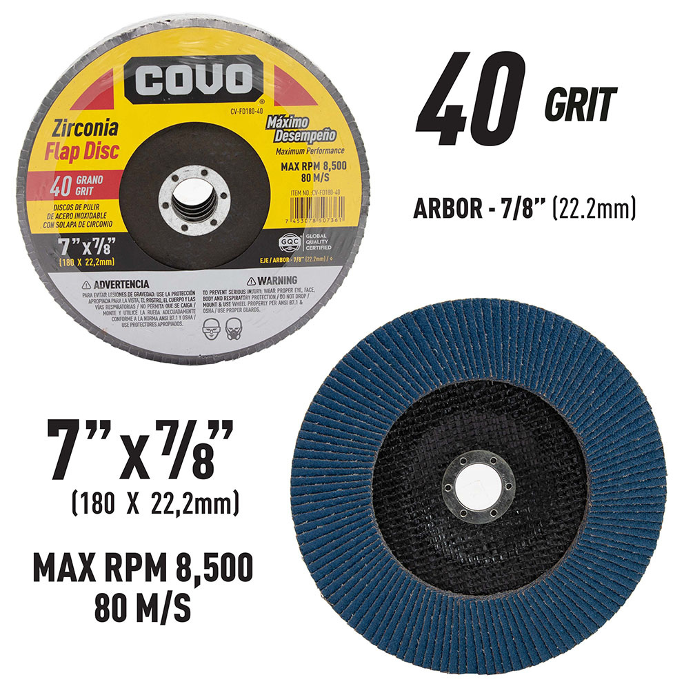 Flap Disc for Stainless Steel Grinding / Zirconia Flap / 7” x 7/8” / Grit 40