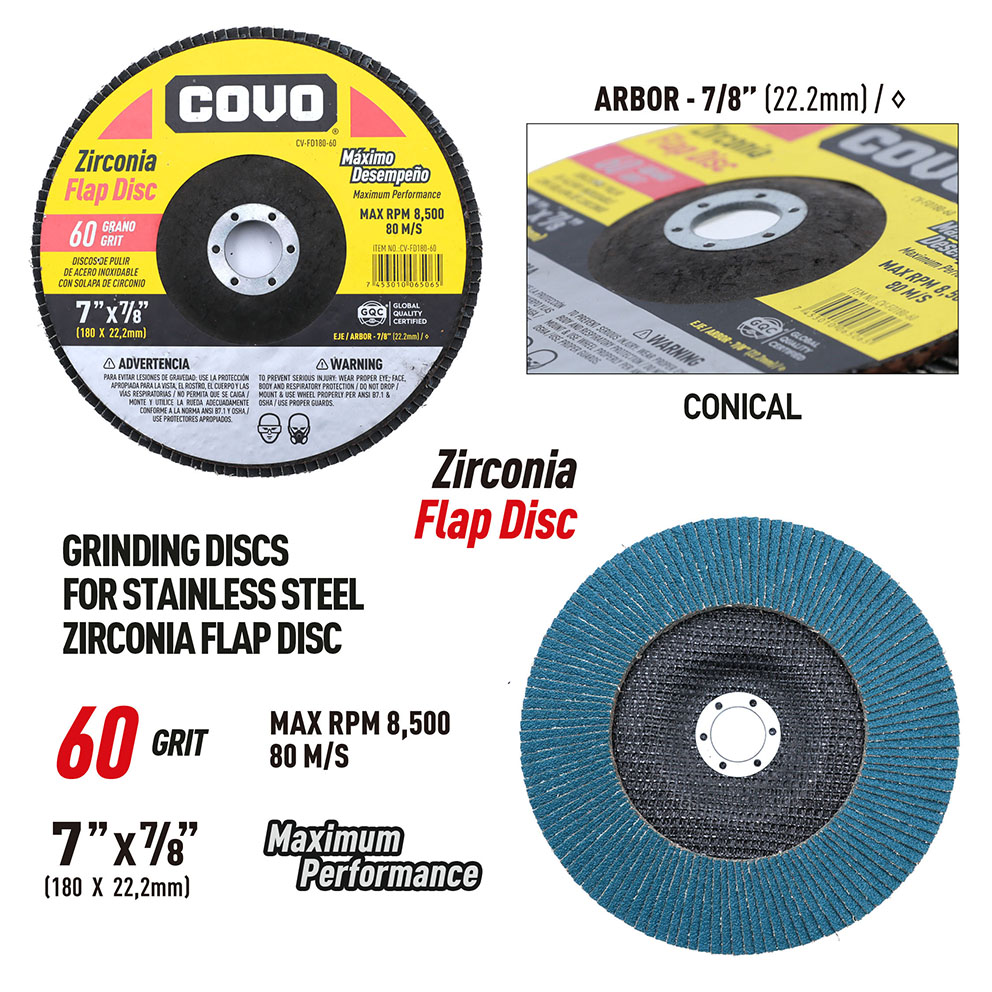 Flap Disc for Stainless Steel Grinding / Zirconia Flap / 7” x 7/8” / Grit 60