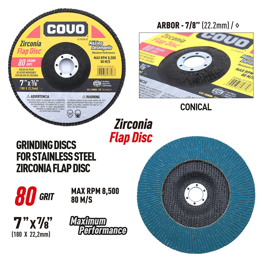 Flap Disc for Stainless Steel Grinding / Zirconia Flap / 7” x 7/8” / Grit 80