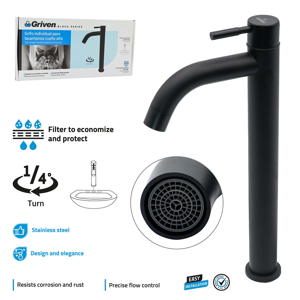 Tall Single Handle Bathroom Faucet - Stainless Steel - Height 29.3cm - 295g - Black