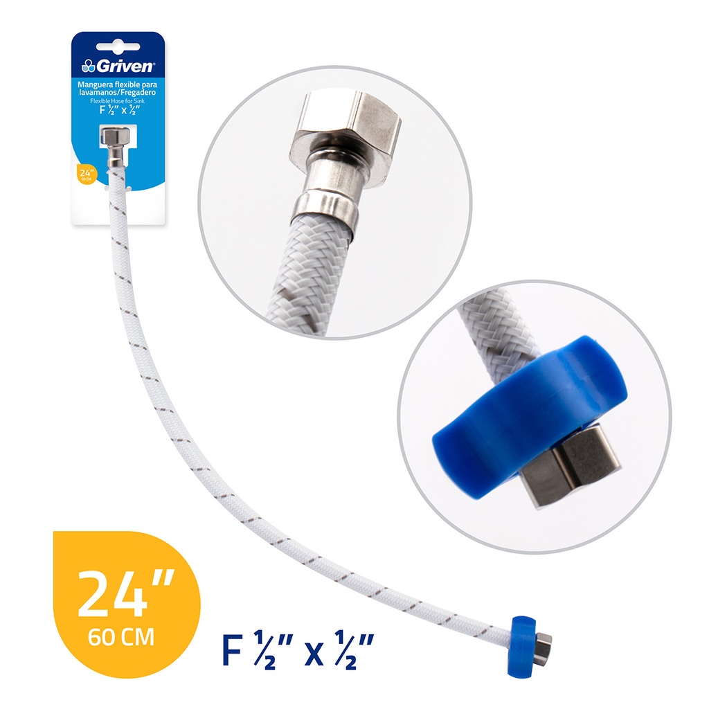 Flexible Hose for Basin/Sink - Nylon & EPDM & Brass - 60cm - F1/2x1/2