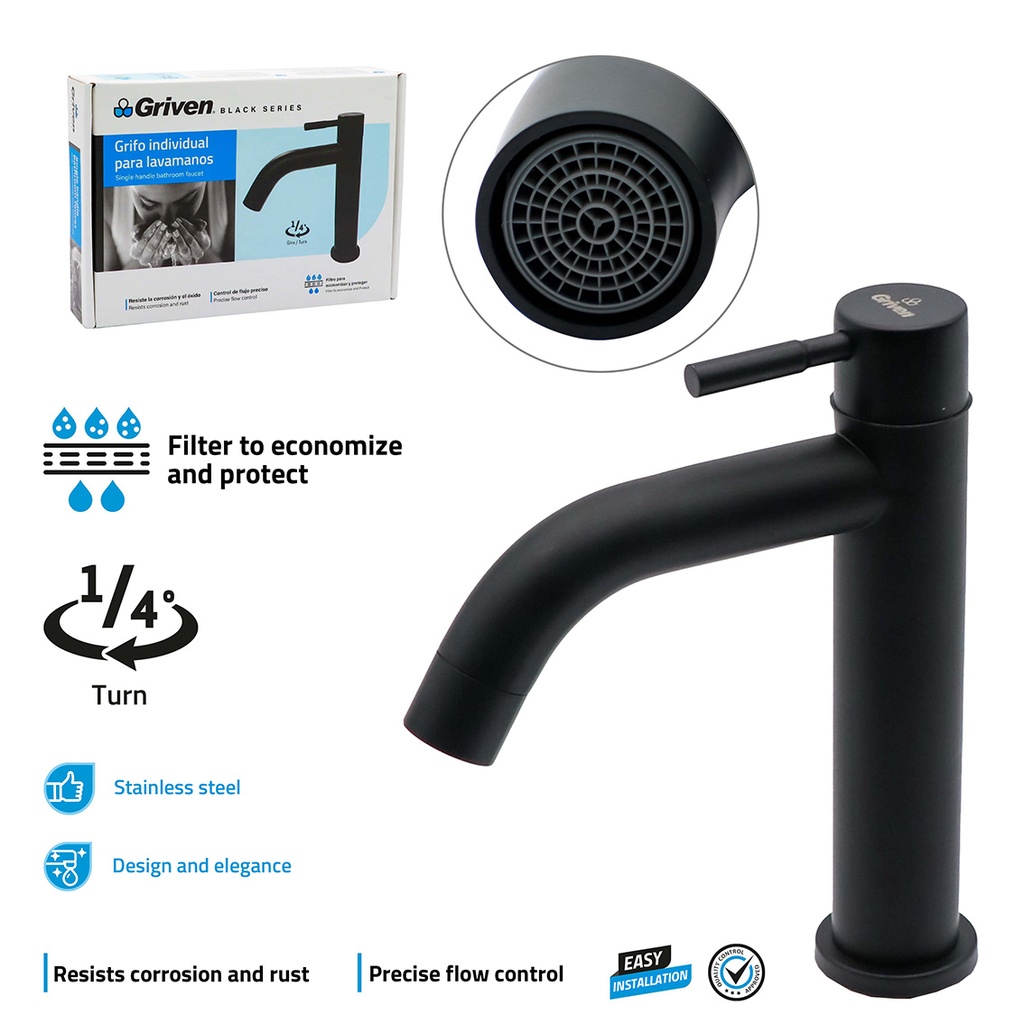 Single Handle Bathroom Faucet - Stainless Steel - Height 17cm - 245g - Black